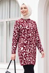 Dik Yaka Desenli Yumoş Triko Tunik  -Bordo