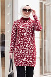 Dik Yaka Desenli Yumoş Triko Tunik  -Bordo