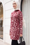 Dik Yaka Desenli Yumoş Triko Tunik  -Bordo