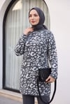 Dik Yaka Desenli Yumoş Triko Tunik  -Füme