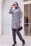 Dik Yaka Desenli Yumoş Triko Tunik  -Füme