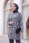 Dik Yaka Desenli Yumoş Triko Tunik  -Füme