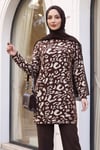 Dik Yaka Desenli Yumoş Triko Tunik  -Kahverengi