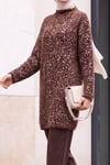 Dik Yaka Desenli Yumoş Triko Tunik  -Kahverengi