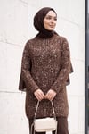 Dik Yaka Desenli Yumoş Triko Tunik  -Kahverengi