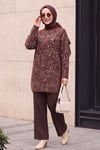Dik Yaka Desenli Yumoş Triko Tunik  -Kahverengi