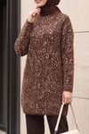 Dik Yaka Desenli Yumoş Triko Tunik  -Kahverengi