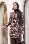 Dik Yaka Desenli Yumoş Triko Tunik  -Kahverengi
