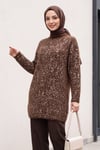 Dik Yaka Desenli Yumoş Triko Tunik  -Kahverengi