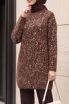Dik Yaka Desenli Yumoş Triko Tunik  -Kahverengi