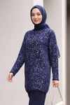 Dik Yaka Desenli Yumoş Triko Tunik  -Lacivert