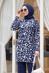 Dik Yaka Desenli Yumoş Triko Tunik  -Lacivert