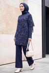 Dik Yaka Desenli Yumoş Triko Tunik  -Lacivert