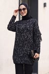 Dik Yaka Desenli Yumoş Triko Tunik  -Siyah