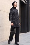 Dik Yaka Desenli Yumoş Triko Tunik  -Siyah