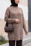 Dik Yaka Desenli Yumoş Triko Tunik  -Toprak