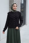 Dik Yaka Fırfır Detaylı Ajurlu Düğmeli Triko Hırka -Siyah