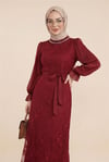 Dik Yaka Kolları Janjan Şifon Kemerli Dantel Elbise -Bordo-Elbise-316-4888-R04