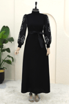 Dik Yaka Organze Kol Taş Detaylı Elbise -Siyah-Abiye-316-4612-R01