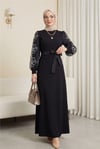 Dik Yaka Organze Kol Taş Detaylı Elbise -Siyah-Abiye-316-4612-R01
