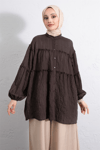 Dik Yaka Sim Çizgili Balon Kol Oversize Gofre Tunik -K. Kahve-Tunik-307-0098-R54
