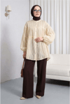 Dik Yaka Sim Çizgili Balon Kol Oversize Gofre Tunik -Açık Sarı-Tunik-307-0098-R75