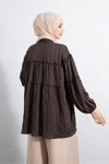 Dik Yaka Sim Çizgili Balon Kol Oversize Gofre Tunik -K. Kahve-Tunik-307-0098-R54