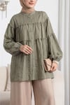 Dik Yaka Sim Çizgili Balon Kol Oversize Gofre Tunik -Haki-Tunik-307-0098-R05