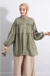Dik Yaka Sim Çizgili Balon Kol Oversize Gofre Tunik -Haki-Tunik-307-0098-R05