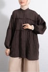 Dik Yaka Sim Çizgili Balon Kol Oversize Gofre Tunik -K. Kahve-Tunik-307-0098-R54