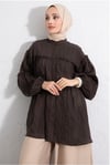 Dik Yaka Sim Çizgili Balon Kol Oversize Gofre Tunik -K. Kahve-Tunik-307-0098-R54