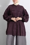 Dik Yaka Sim Çizgili Balon Kol Oversize Gofre Tunik -Mürdüm-Tunik-307-0098-R09