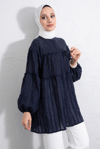 Dik Yaka Sim Çizgili Balon Kol Oversize Gofre Tunik -Laci-Tunik-307-0098-R03