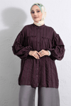 Dik Yaka Sim Çizgili Balon Kol Oversize Gofre Tunik -Mürdüm-Tunik-307-0098-R09