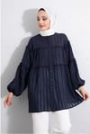 Dik Yaka Sim Çizgili Balon Kol Oversize Gofre Tunik -Laci-Tunik-307-0098-R03