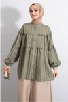 Dik Yaka Sim Çizgili Balon Kol Oversize Gofre Tunik -Haki-Tunik-307-0098-R05