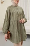 Dik Yaka Sim Çizgili Balon Kol Oversize Gofre Tunik -Haki-Tunik-307-0098-R05