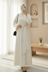 Dik Yaka Tokalı Bağcıklı Uzun Selanik Elbise -Krem-Elbise-349-8011-R28