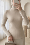 Dik Yaka Uzun Kol İçlik Bluz -Bej-Bluz-253-13122-R56