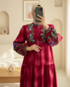 Dik Yaka Yarım Düğmeli Kolu Lastikli Desenli Elbise -Pembe-Elbise-199-60616-R20