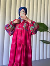 Elbise-Dik Yaka Yarım Düğmeli Kolu Lastikli Desenli Elbise -Pembe-199-60616-R20