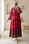 Dik Yaka Yarım Düğmeli Kolu Lastikli Desenli Elbise -Pembe-Elbise-199-60616-R20