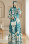 Dik Yaka Yarım Düğmeli Parçalı Çiçekli Elbise -Mint-Elbise-199-60615-R24