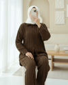 Dokulu Düğmeli Dikey Şeritli Pantolon Gömlek Takım -Kahve-Takım-398-4023-R15