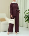 Dokulu Düğmeli Dikey Şeritli Pantolon Gömlek Takım -Mürdüm-Takım-398-4023-R09