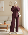 Dokulu Düğmeli Dikey Şeritli Pantolon Gömlek Takım -Mürdüm-Takım-398-4023-R09