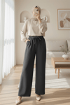 Duble Kumaş Beli Kuşaklı Bol Paça Pantolon    -Füme-Pantolon-400-156-R18