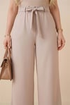 Duble Kumaş Beli Kuşaklı Bol Paça Pantolon -Bej-Pantolon-400-156-R56