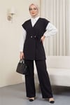 Düğme Detaylı Çift Bağcıklı Yelek Pantolon Double Krep Takım -Siyah-Takım-349-8065-R01
