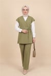 Düğme Detaylı Çift Bağcıklı Yelek Pantolon Double Krep Takım -Haki-Takım-349-8065-R05